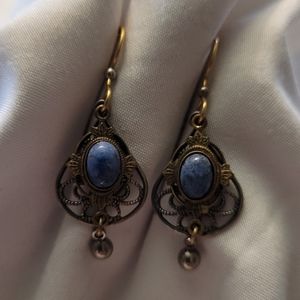 Boho Artisan Lapis Lazuli Bronze Toned Filigree Drop Handmade Earrings